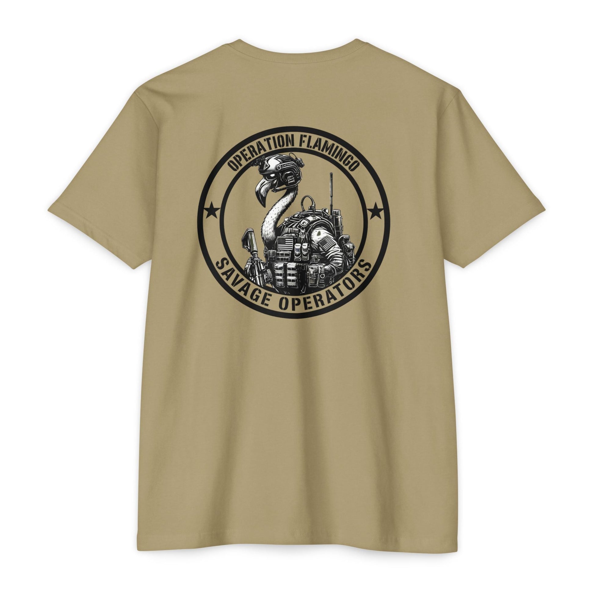 Operation Flamingo 'Savage Operators' Graphic T-Shirt Back Print - Savage Operators Tactical Tee | T-Shirt | Savage Operators Clothing | Patriotic Apparel | Military Humor | High Quality CVC Light Olive