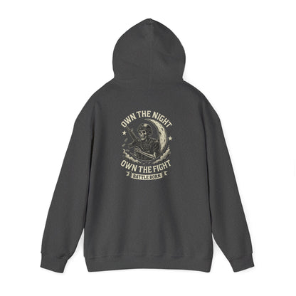Own the Night Own the Fight Hoodie — Vintage Warrior Moon Graphic Pullover - Savage Operators Tactical Tee | Hoodie | Savage Operators Clothing | Patriotic Apparel | Military Humor | High Quality S