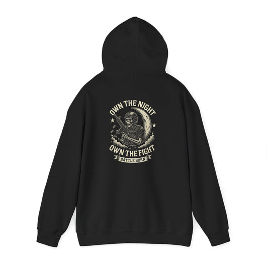Own the Night Own the Fight Hoodie — Vintage Warrior Moon Graphic Pullover - Savage Operators Tactical Tee | Hoodie | Savage Operators Clothing | Patriotic Apparel | Military Humor | High Quality S