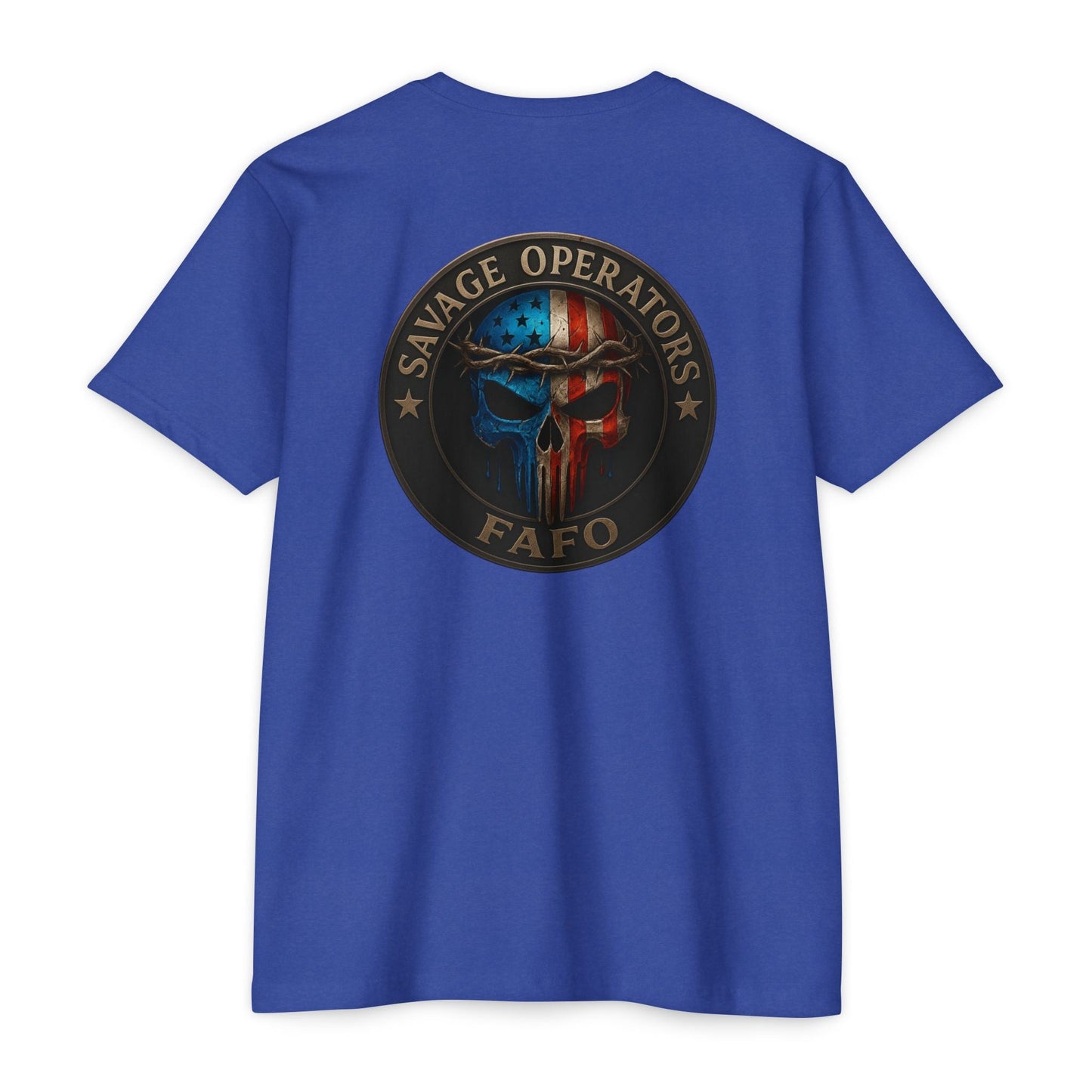 Patriotic FAFO Skull Shirt – American Flag Cross & Crown Design | Tactical Christian 2A Tee - Savage Operators Tactical Tee | T-Shirt | Savage Operators Clothing | Patriotic Apparel | Military Humor | High Quality CVC Black
