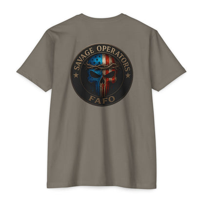 Patriotic FAFO Skull Shirt – American Flag Cross & Crown Design | Tactical Christian 2A Tee - Savage Operators Tactical Tee | T-Shirt | Savage Operators Clothing | Patriotic Apparel | Military Humor | High Quality CVC Warm Gray