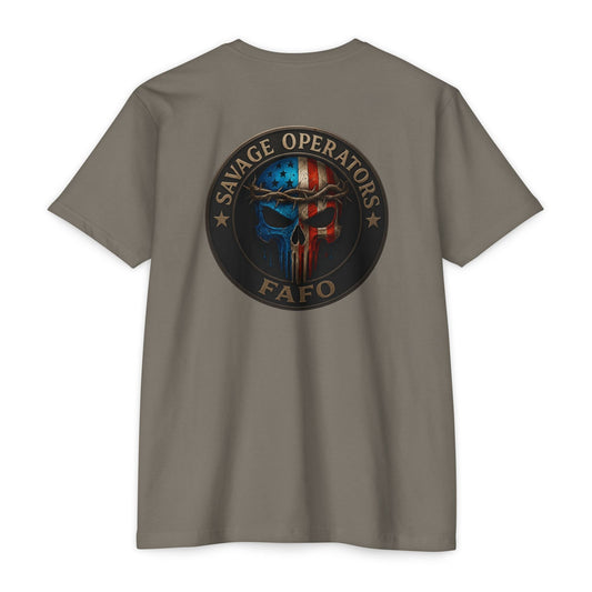 Patriotic FAFO Skull Shirt – American Flag Cross & Crown Design | Tactical Christian 2A Tee - Savage Operators Tactical Tee | T-Shirt | Savage Operators Clothing | Patriotic Apparel | Military Humor | High Quality CVC Warm Gray