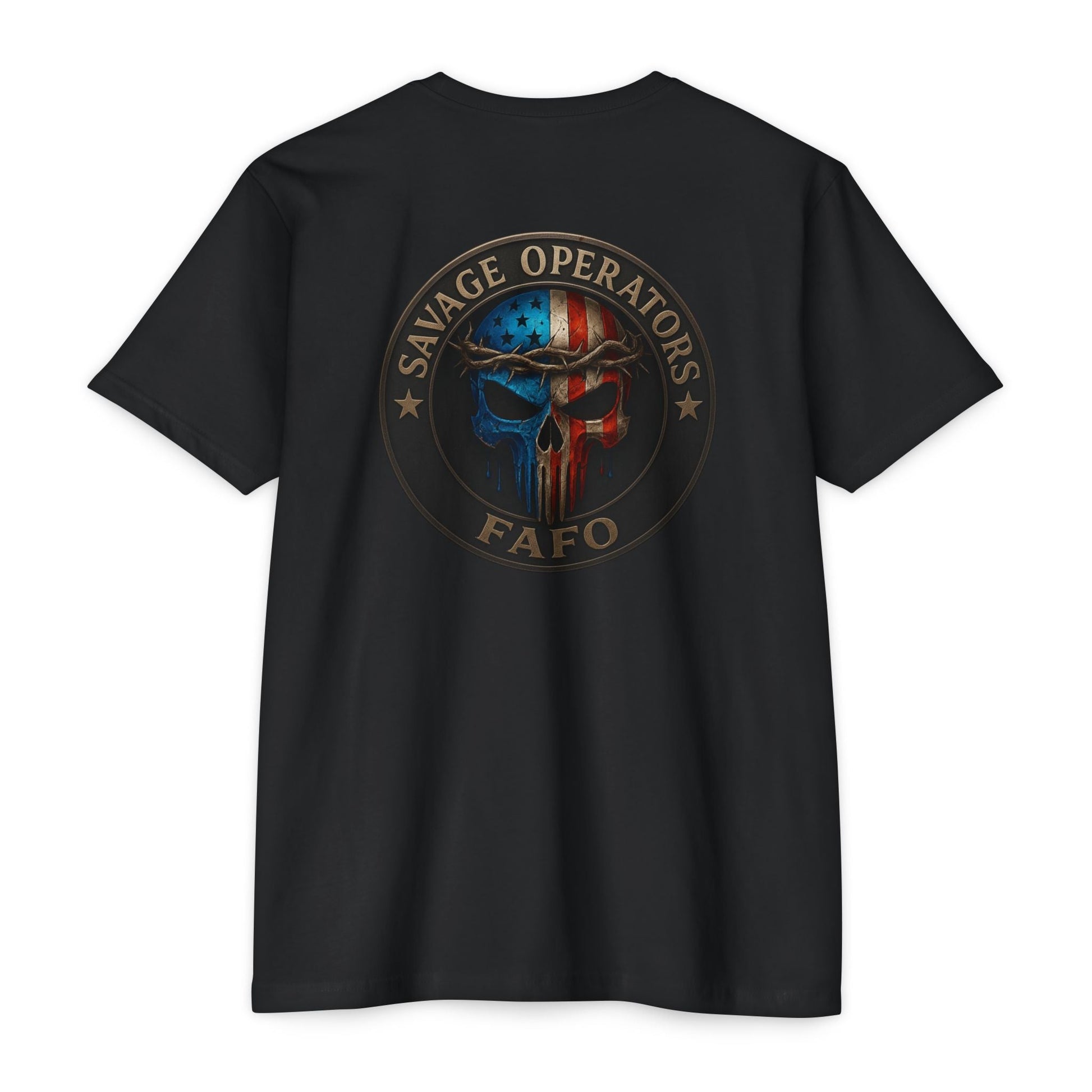 Patriotic FAFO Skull Shirt – American Flag Cross & Crown Design | Tactical Christian 2A Tee - Savage Operators Tactical Tee | T-Shirt | Savage Operators Clothing | Patriotic Apparel | Military Humor | High Quality CVC Black