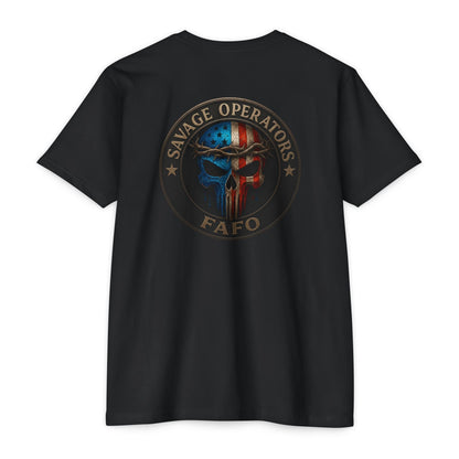Patriotic FAFO Skull Shirt – American Flag Cross & Crown Design | Tactical Christian 2A Tee - Savage Operators Tactical Tee | T-Shirt | Savage Operators Clothing | Patriotic Apparel | Military Humor | High Quality CVC Black