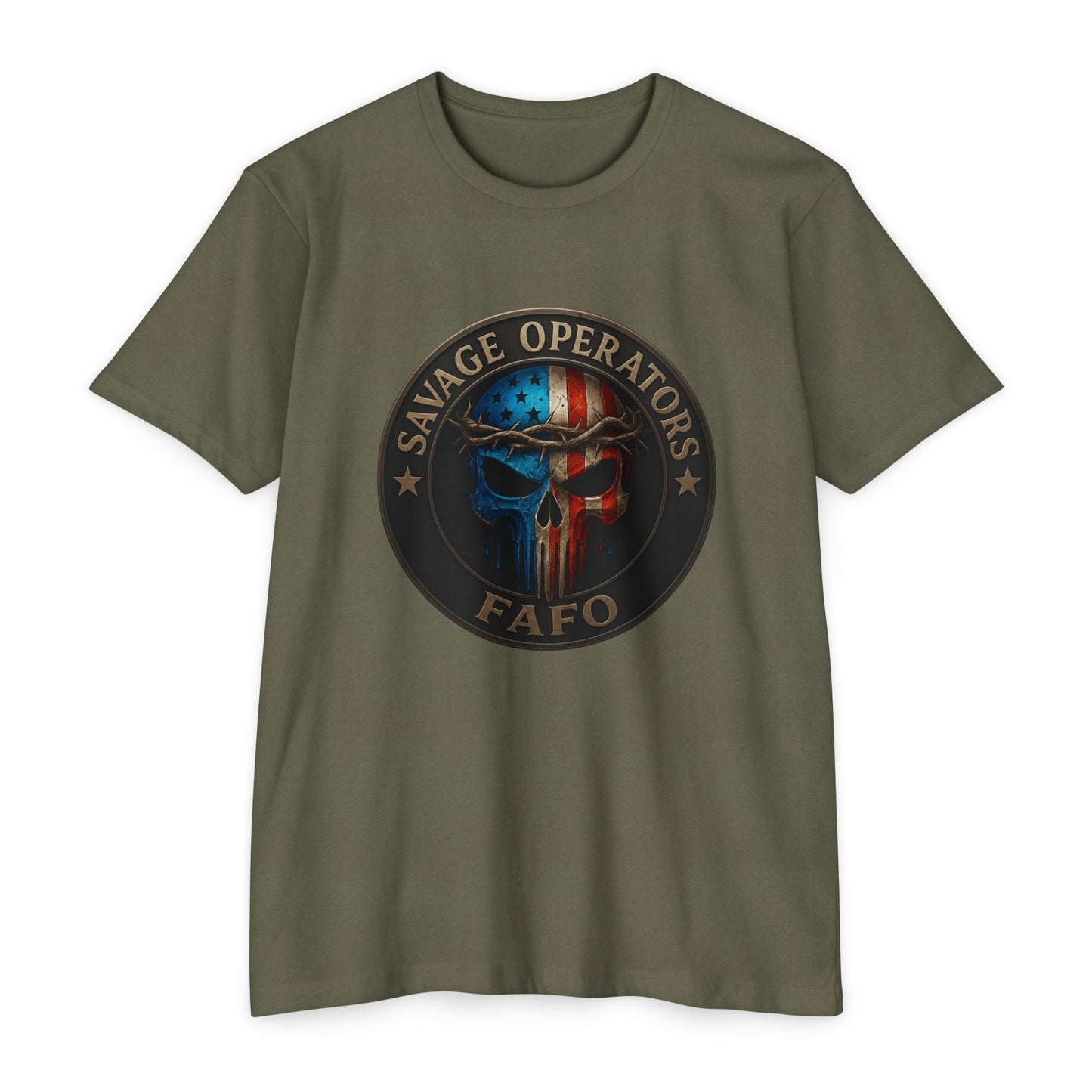 Patriotic FAFO Skull Shirt – American Flag Punisher Tee | Faith & Freedom Graphic | Tactical 2A Christian Men’s T-Shirt - Savage Operators Tactical Tee | T-Shirt | Savage Operators Clothing | Patriotic Apparel | Military Humor | High Quality CVC Military Green