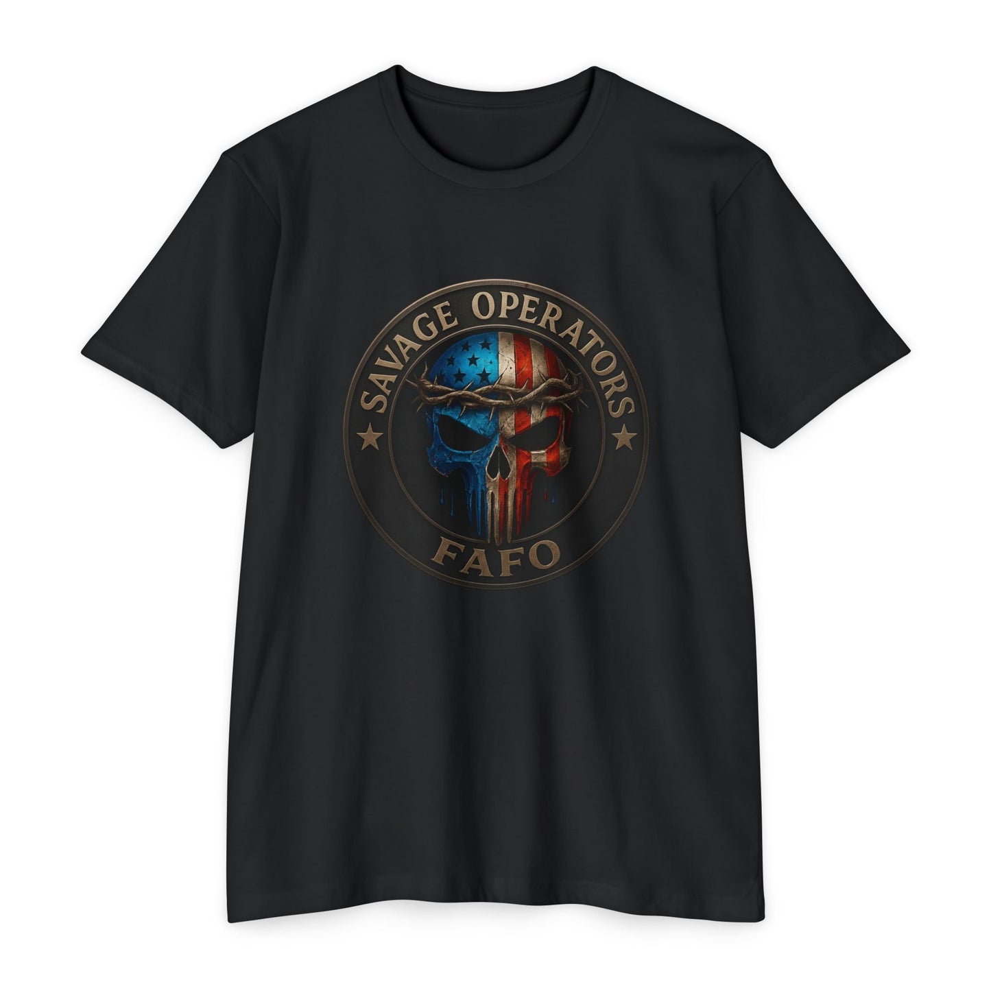 Patriotic FAFO Skull Shirt – American Flag Punisher Tee | Faith & Freedom Graphic | Tactical 2A Christian Men’s T-Shirt - Savage Operators Tactical Tee | T-Shirt | Savage Operators Clothing | Patriotic Apparel | Military Humor | High Quality CVC Black