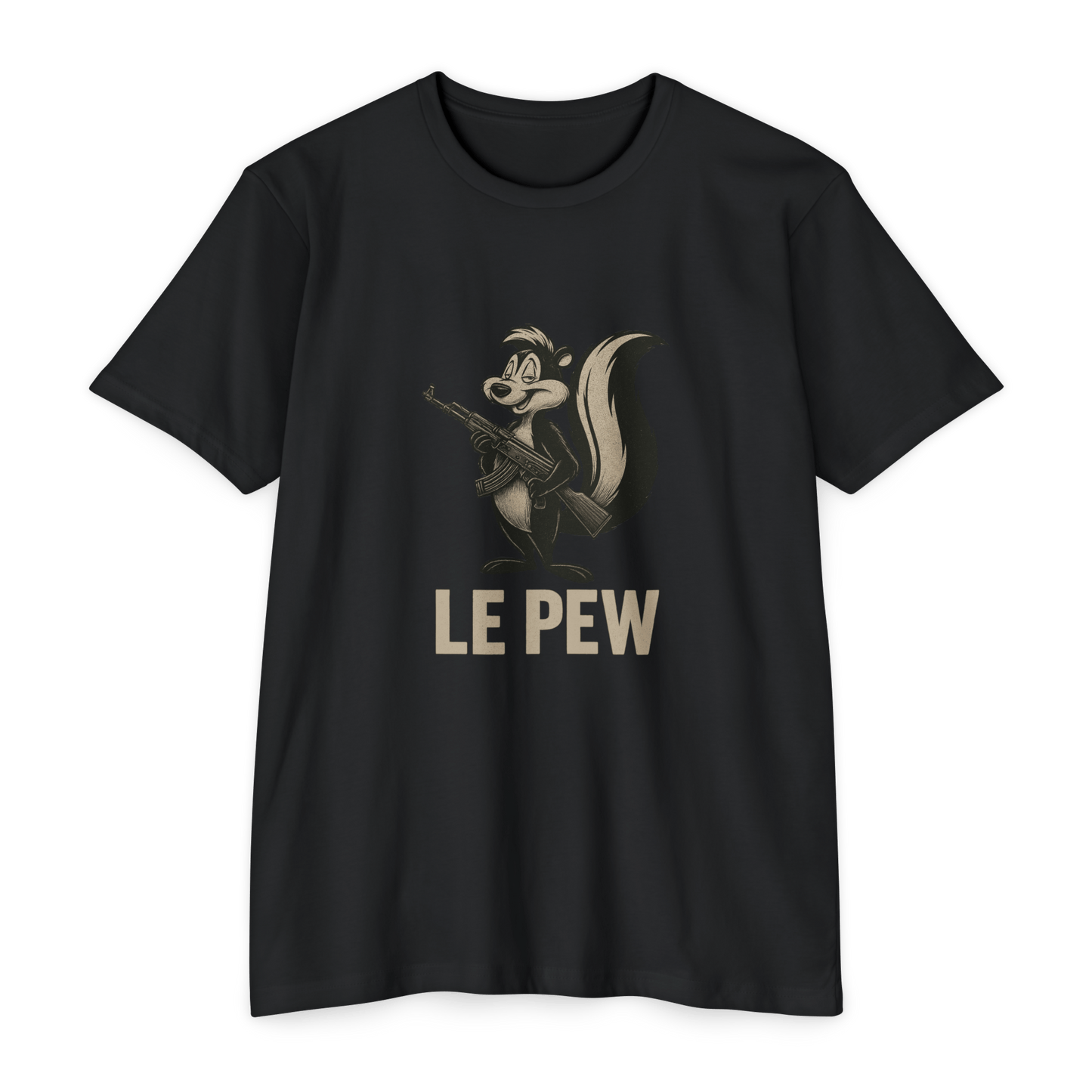 Pew Tee FRONT PRINT | Funny AK Skunk Shirt for Gun Owners & Degenerates with Humor - Savage Operators Tactical Tee | T-Shirt | Savage Operators Clothing | Patriotic Apparel | Military Humor | High Quality CVC Black