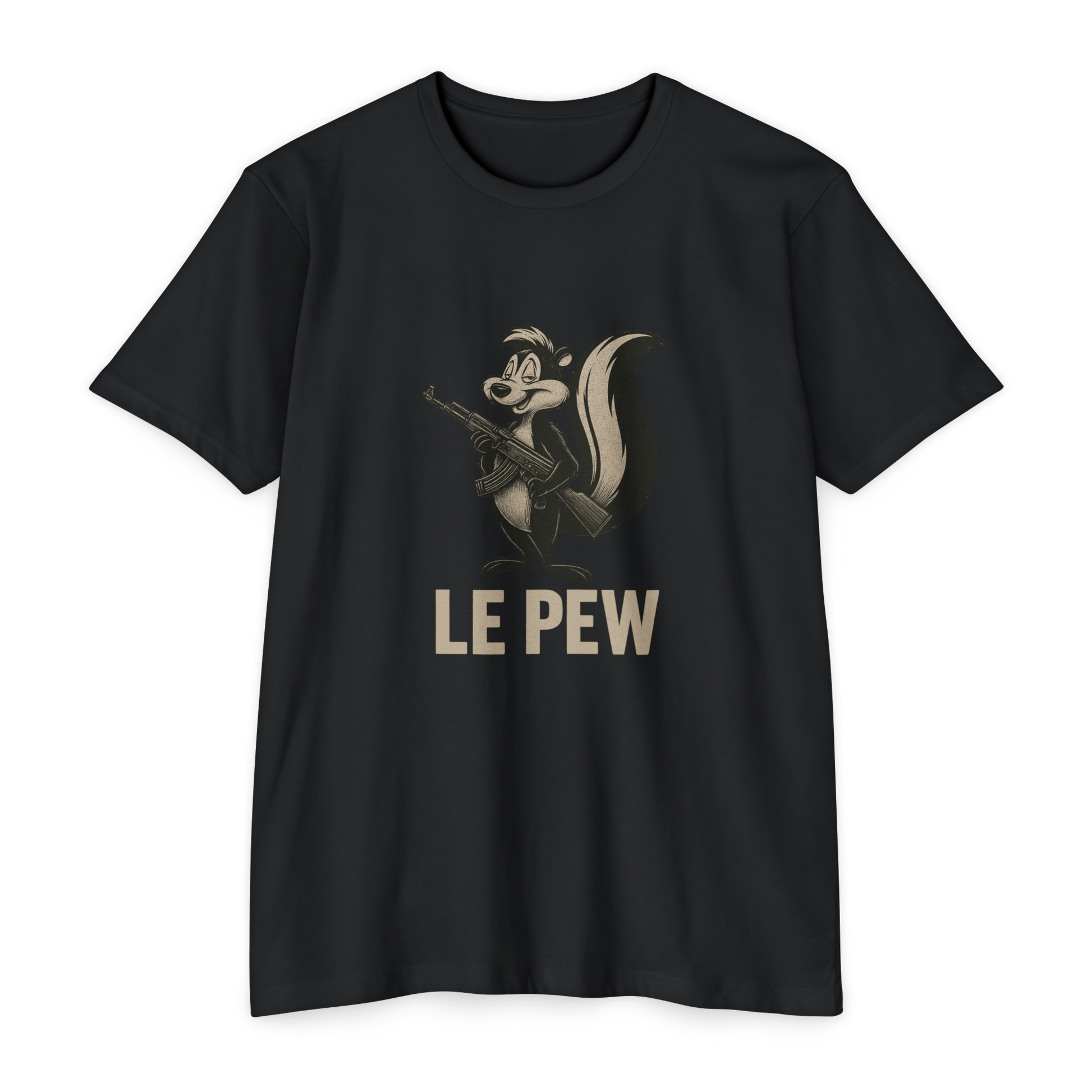 Pew Tee FRONT PRINT | Funny AK Skunk Shirt for Gun Owners & Degenerates with Humor - Savage Operators Tactical Tee | T-Shirt | Savage Operators Clothing | Patriotic Apparel | Military Humor | High Quality CVC Black