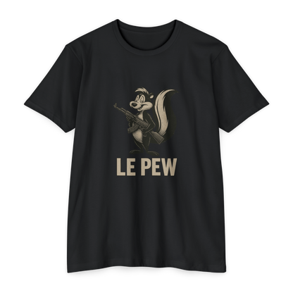 Pew Tee FRONT PRINT | Funny AK Skunk Shirt for Gun Owners & Degenerates with Humor - Savage Operators Tactical Tee | T-Shirt | Savage Operators Clothing | Patriotic Apparel | Military Humor | High Quality CVC Black