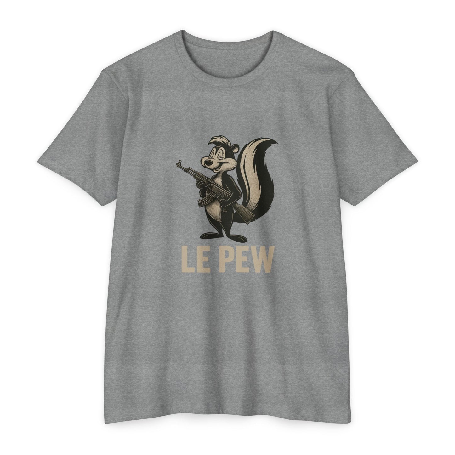 Pew Tee FRONT PRINT | Funny AK Skunk Shirt for Gun Owners & Degenerates with Humor - Savage Operators Tactical Tee | T-Shirt | Savage Operators Clothing | Patriotic Apparel | Military Humor | High Quality Dark Heather Grey