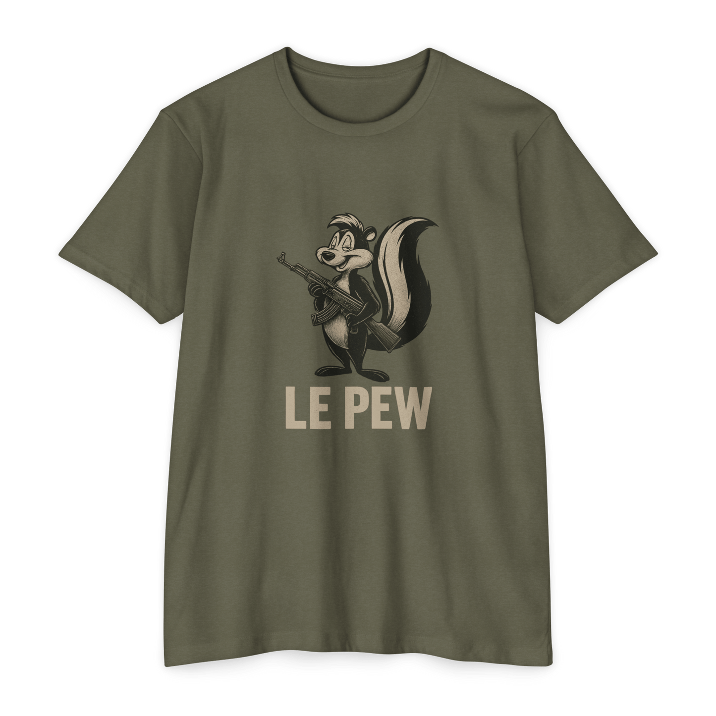 Pew Tee FRONT PRINT | Funny AK Skunk Shirt for Gun Owners & Degenerates with Humor - Savage Operators Tactical Tee | T-Shirt | Savage Operators Clothing | Patriotic Apparel | Military Humor | High Quality CVC Black