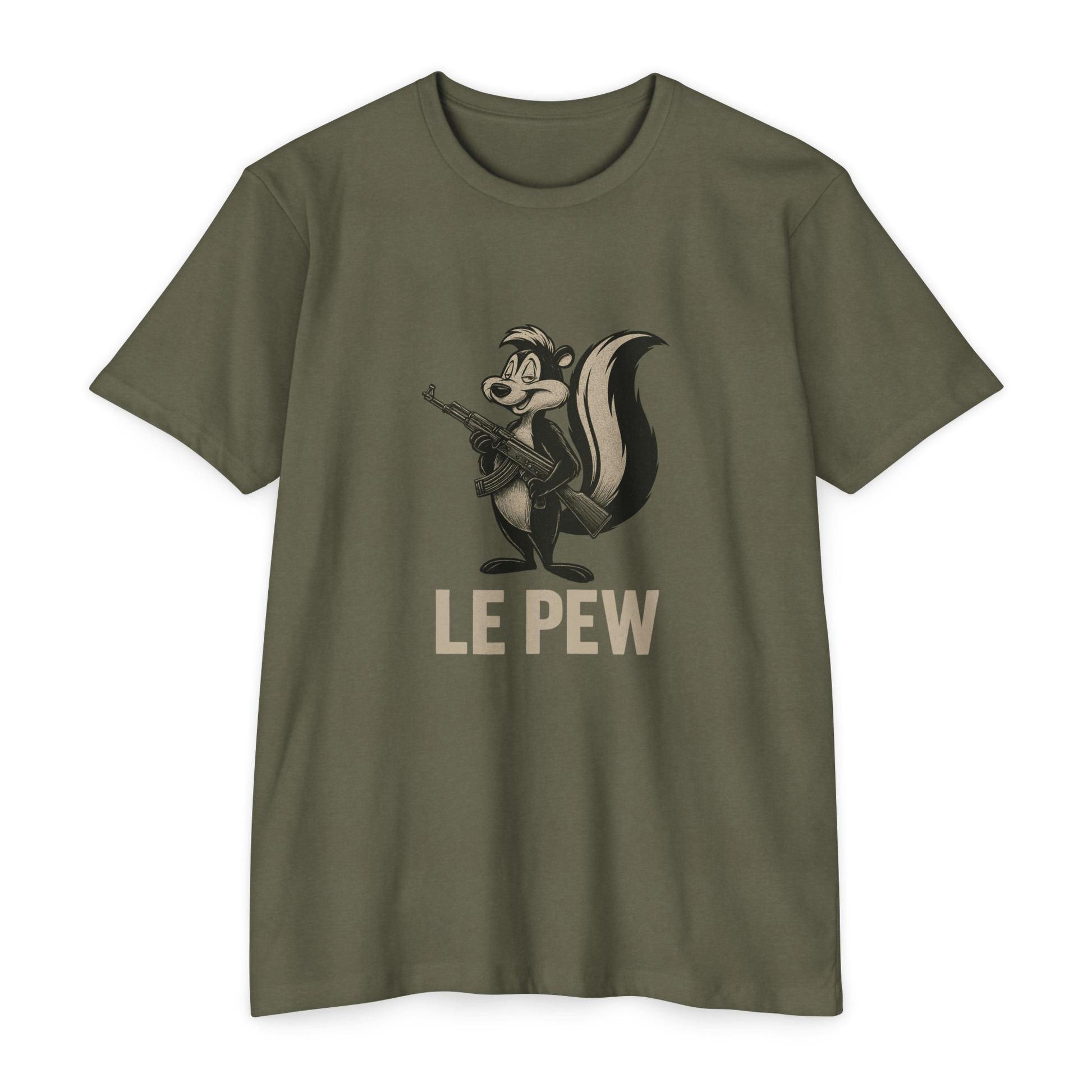 Pew Tee FRONT PRINT | Funny AK Skunk Shirt for Gun Owners & Degenerates with Humor - Savage Operators Tactical Tee | T-Shirt | Savage Operators Clothing | Patriotic Apparel | Military Humor | High Quality CVC Black