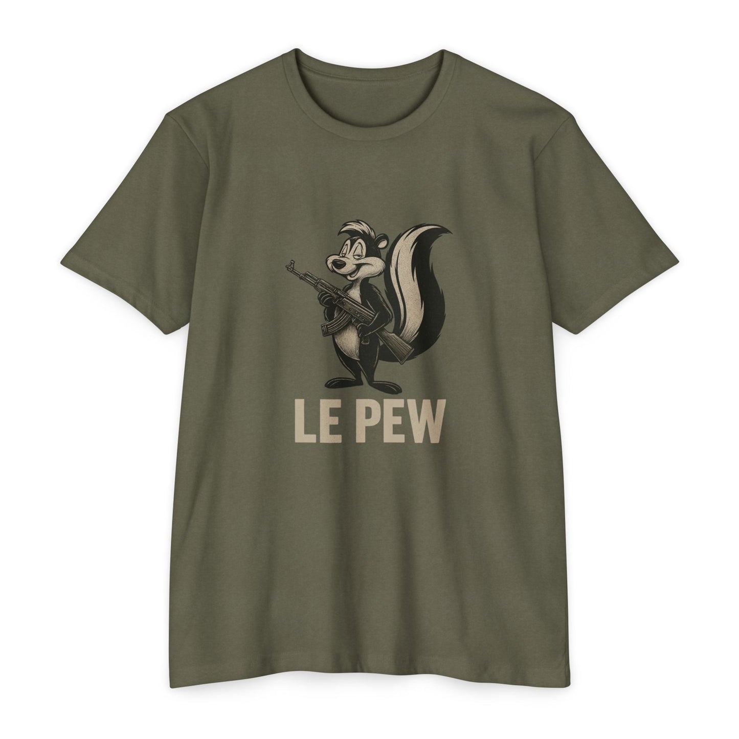 Pew Tee FRONT PRINT | Funny AK Skunk Shirt for Gun Owners & Degenerates with Humor - Savage Operators Tactical Tee | T-Shirt | Savage Operators Clothing | Patriotic Apparel | Military Humor | High Quality CVC Military Green