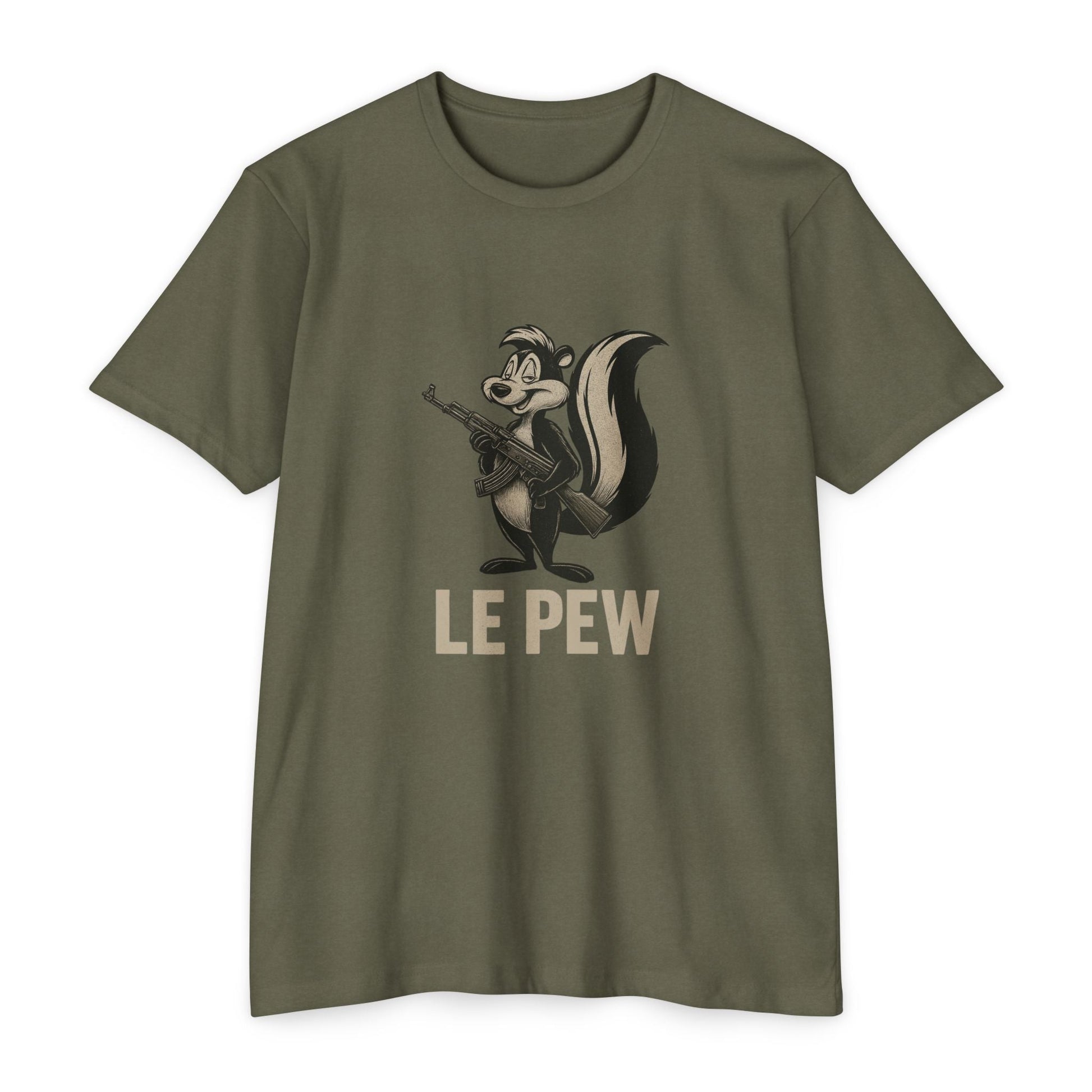 Pew Tee FRONT PRINT | Funny AK Skunk Shirt for Gun Owners & Degenerates with Humor - Savage Operators Tactical Tee | T-Shirt | Savage Operators Clothing | Patriotic Apparel | Military Humor | High Quality CVC Military Green