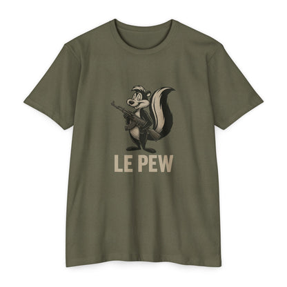 Pew Tee FRONT PRINT | Funny AK Skunk Shirt for Gun Owners & Degenerates with Humor - Savage Operators Tactical Tee | T-Shirt | Savage Operators Clothing | Patriotic Apparel | Military Humor | High Quality CVC Military Green