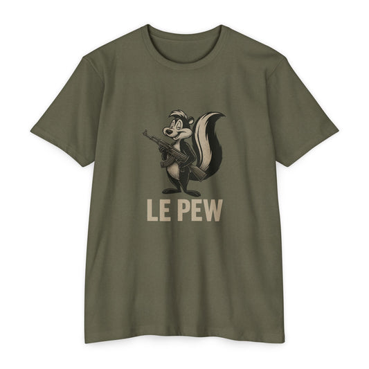 Pew Tee FRONT PRINT | Funny AK Skunk Shirt for Gun Owners & Degenerates with Humor - Savage Operators Tactical Tee | T-Shirt | Savage Operators Clothing | Patriotic Apparel | Military Humor | High Quality CVC Military Green