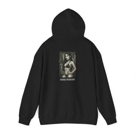 Pinup Girl Soldier Hoodie — 'Savage Operators' Retro Military Graphic Sweatshirt - Savage Operators Tactical Tee | Hoodie | Savage Operators Clothing | Patriotic Apparel | Military Humor | High Quality S