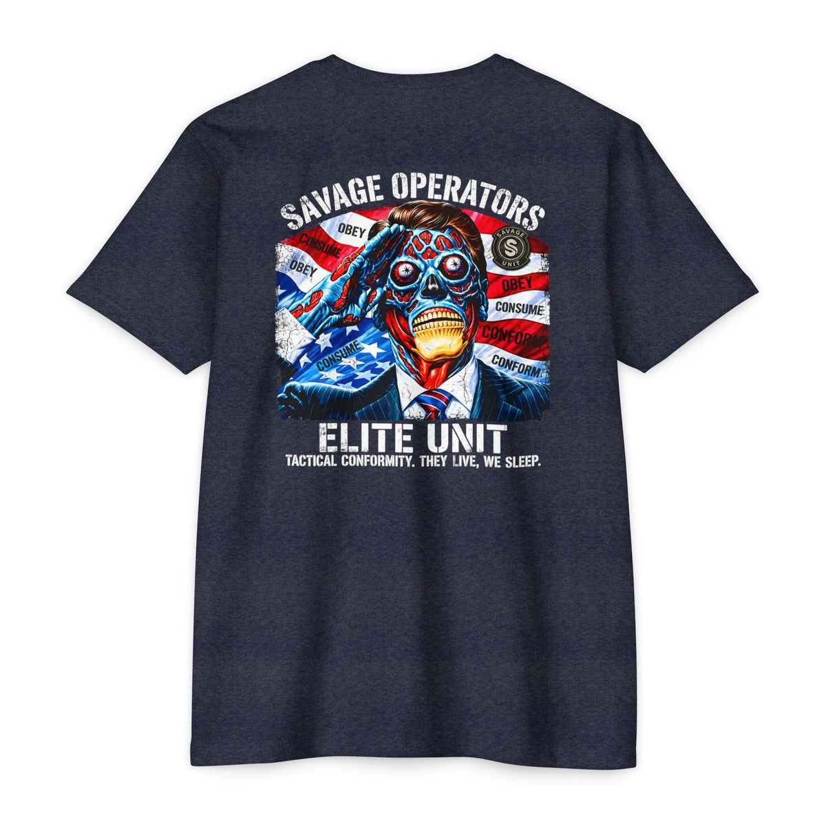 Politician Skull Shirt | Obey Consume Conform Big Back Print Tee - BACK PRINT - Savage Operators Tactical Tee | T-Shirt | Savage Operators Clothing | Patriotic Apparel | Military Humor | High Quality CVC Black