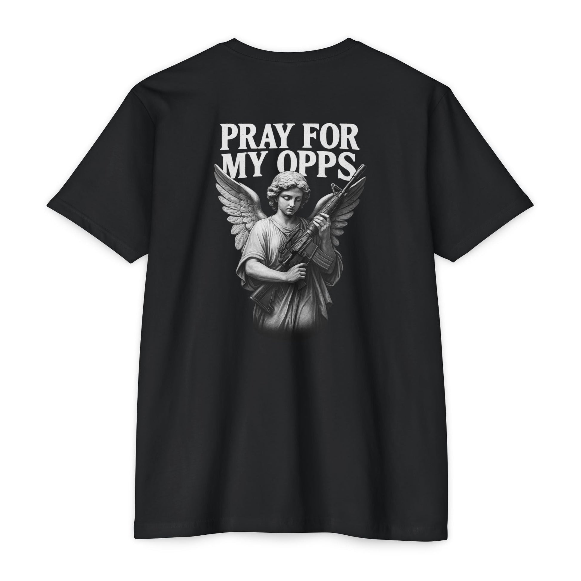Pray For My Opps – Angel Graphic BACK PRINT - Savage Operators Tactical Tee | T-Shirt | Savage Operators Clothing | Patriotic Apparel | Military Humor | High Quality CVC Black