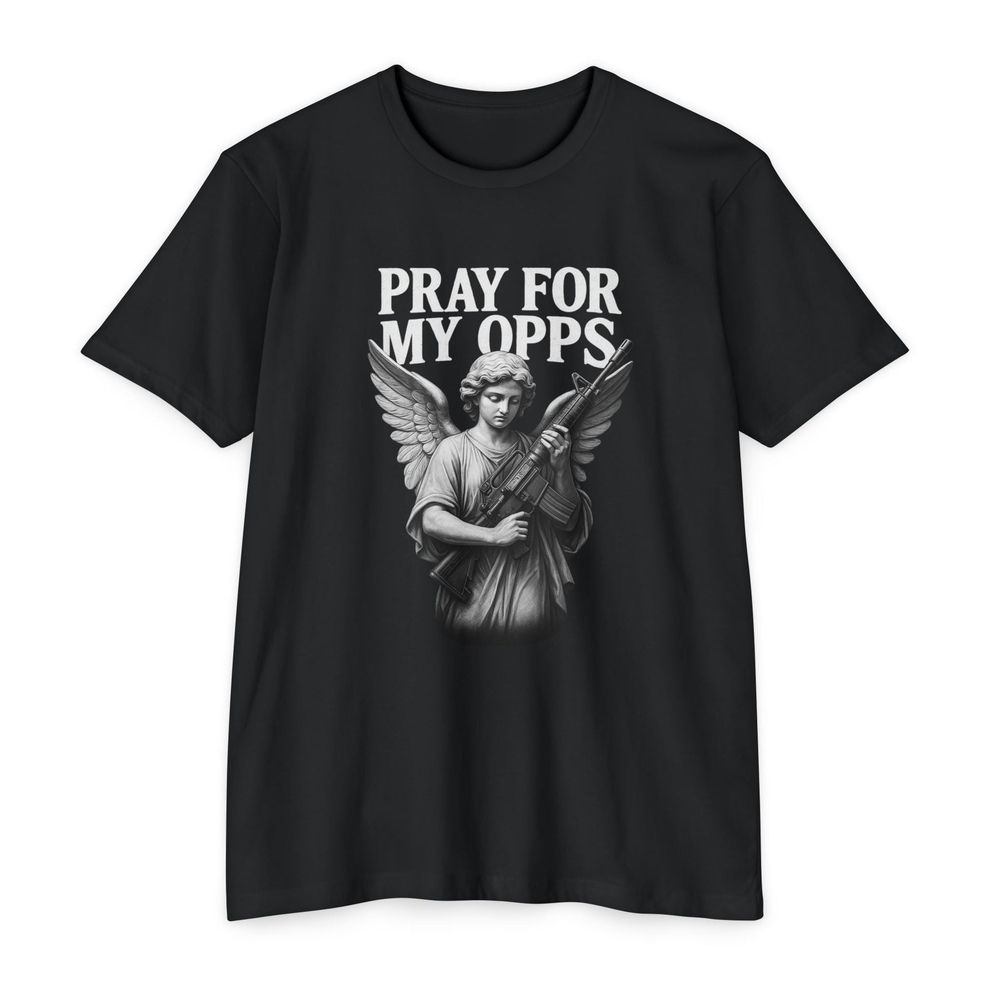 Pray For My Opps Tactical Angel Shirt – Dark Humor Graphic Tee FRONT PRINT - Savage Operators Tactical Tee | T-Shirt | Savage Operators Clothing | Patriotic Apparel | Military Humor | High Quality CVC Black