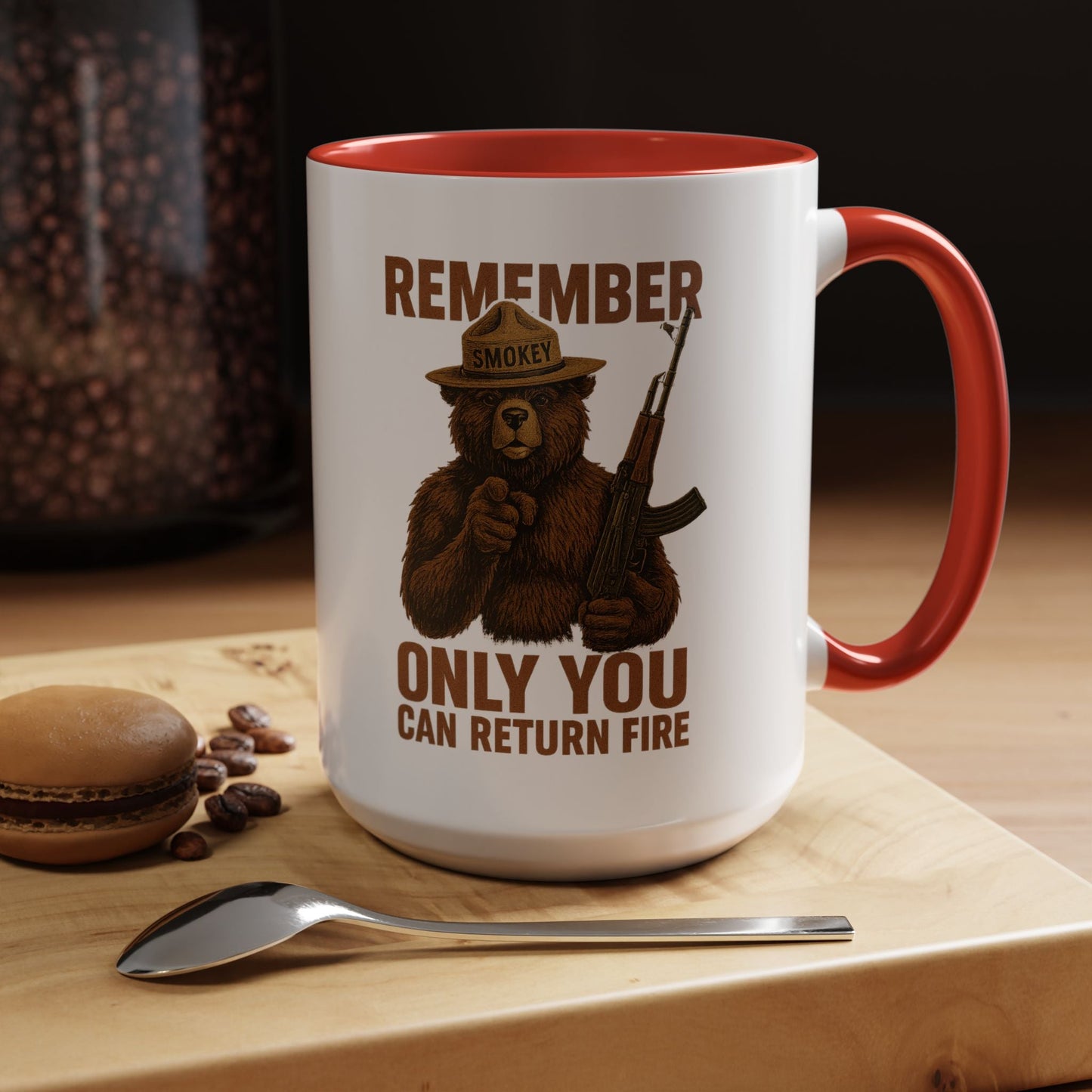 Remember Smokey Bear 'Only You Can Return Fire' Accent Coffee Mug 16oz - Savage Operators Tactical Tee | Mug | Savage Operators Clothing | Patriotic Apparel | Military Humor | High Quality 15oz