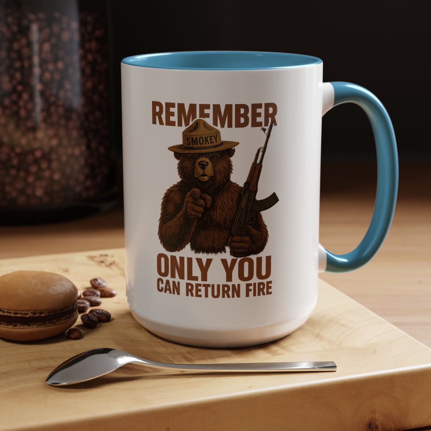 Remember Smokey Bear 'Only You Can Return Fire' Accent Coffee Mug 16oz - Savage Operators Tactical Tee | Mug | Savage Operators Clothing | Patriotic Apparel | Military Humor | High Quality 15oz