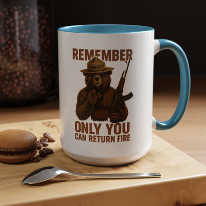 Remember Smokey Bear 'Only You Can Return Fire' Accent Coffee Mug 16oz - Savage Operators Tactical Tee | Mug | Savage Operators Clothing | Patriotic Apparel | Military Humor | High Quality 15oz