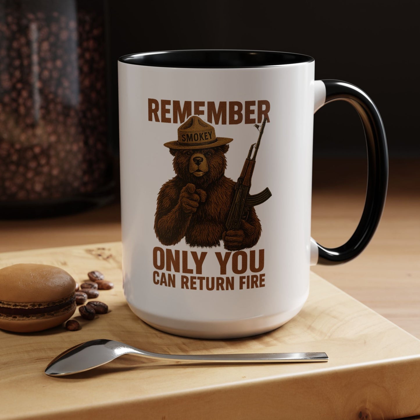Remember Smokey Bear 'Only You Can Return Fire' Accent Coffee Mug 16oz - Savage Operators Tactical Tee | Mug | Savage Operators Clothing | Patriotic Apparel | Military Humor | High Quality 15oz