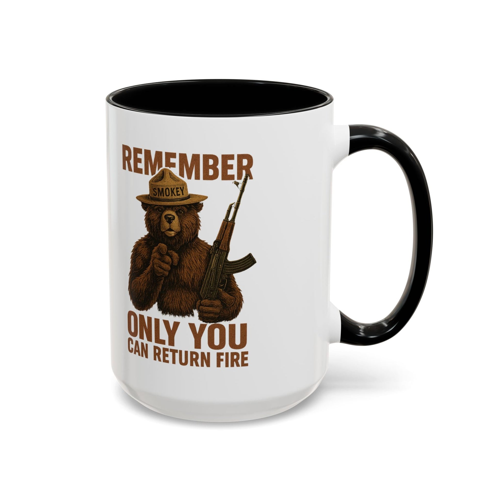 Remember Smokey Bear 'Only You Can Return Fire' Accent Coffee Mug 16oz - Savage Operators Tactical Tee | Mug | Savage Operators Clothing | Patriotic Apparel | Military Humor | High Quality 15oz
