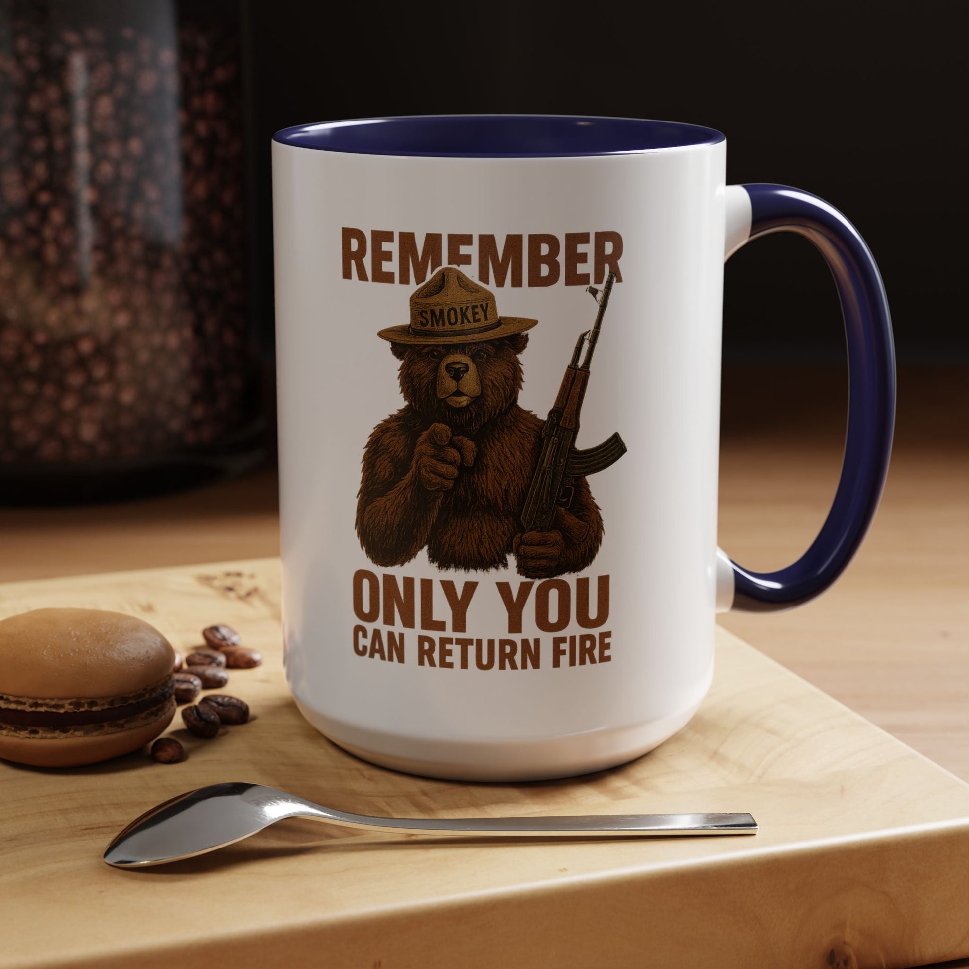Remember Smokey Bear 'Only You Can Return Fire' Accent Coffee Mug 16oz - Savage Operators Tactical Tee | Mug | Savage Operators Clothing | Patriotic Apparel | Military Humor | High Quality 15oz