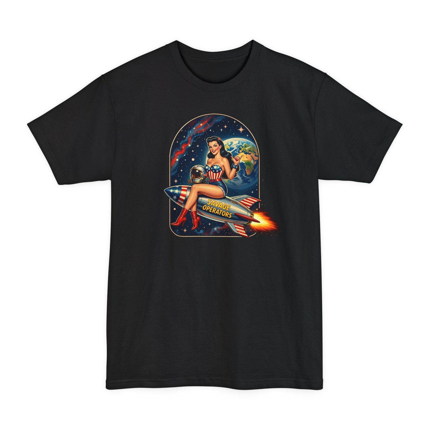 Retro Space Pin - Up T-Shirt – Rocket Girl Vintage Sci‑Fi Graphic - Savage Operators Tactical Tee | T-Shirt | Savage Operators Clothing | Patriotic Apparel | Military Humor | High Quality Black