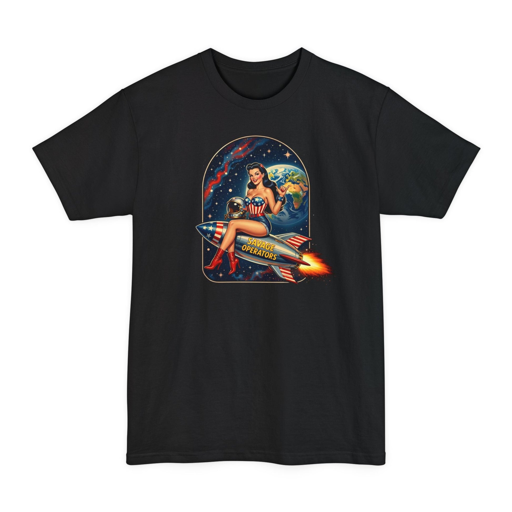 Retro Space Pin - Up T-Shirt – Rocket Girl Vintage Sci‑Fi Graphic - Savage Operators Tactical Tee | T-Shirt | Savage Operators Clothing | Patriotic Apparel | Military Humor | High Quality Black
