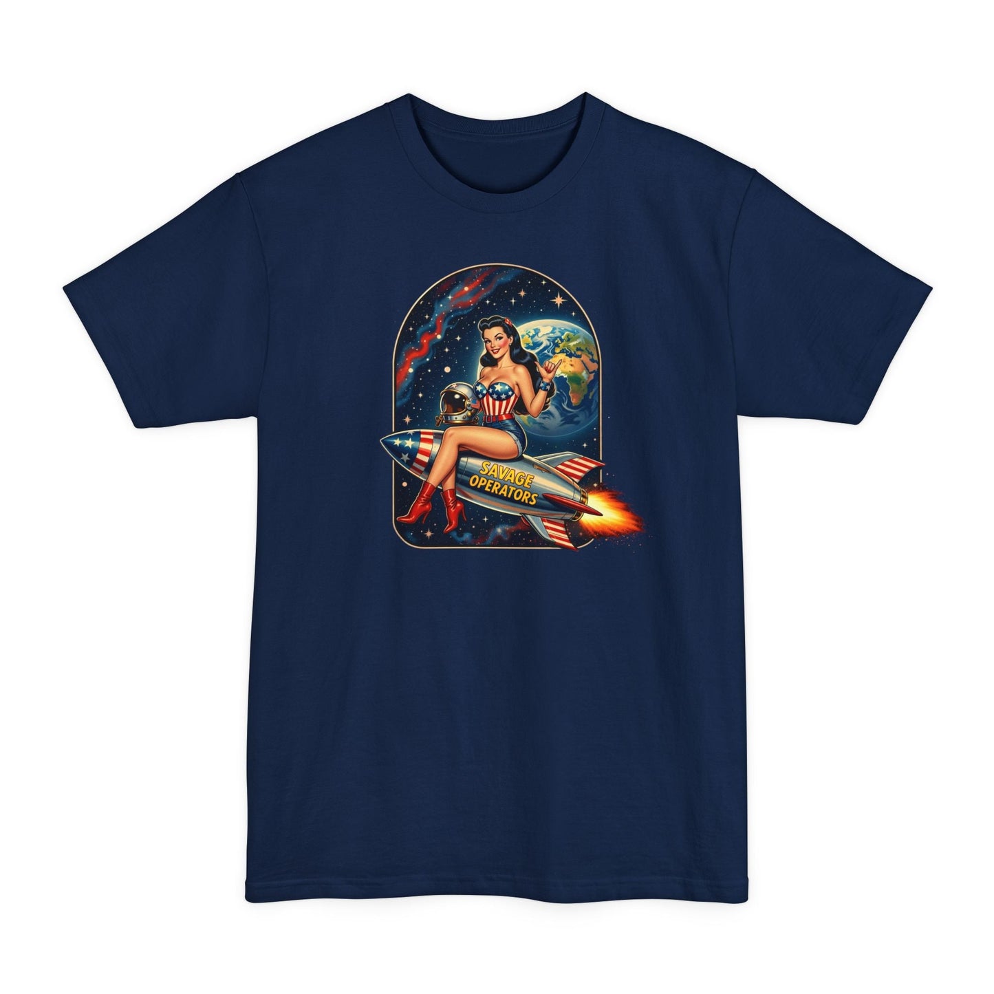 Retro Space Pin - Up T-Shirt – Rocket Girl Vintage Sci‑Fi Graphic - Savage Operators Tactical Tee | T-Shirt | Savage Operators Clothing | Patriotic Apparel | Military Humor | High Quality Navy