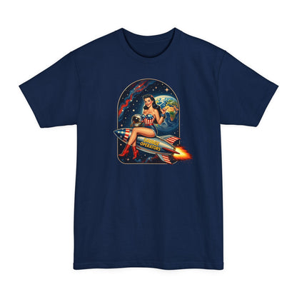 Retro Space Pin - Up T-Shirt – Rocket Girl Vintage Sci‑Fi Graphic - Savage Operators Tactical Tee | T-Shirt | Savage Operators Clothing | Patriotic Apparel | Military Humor | High Quality Navy