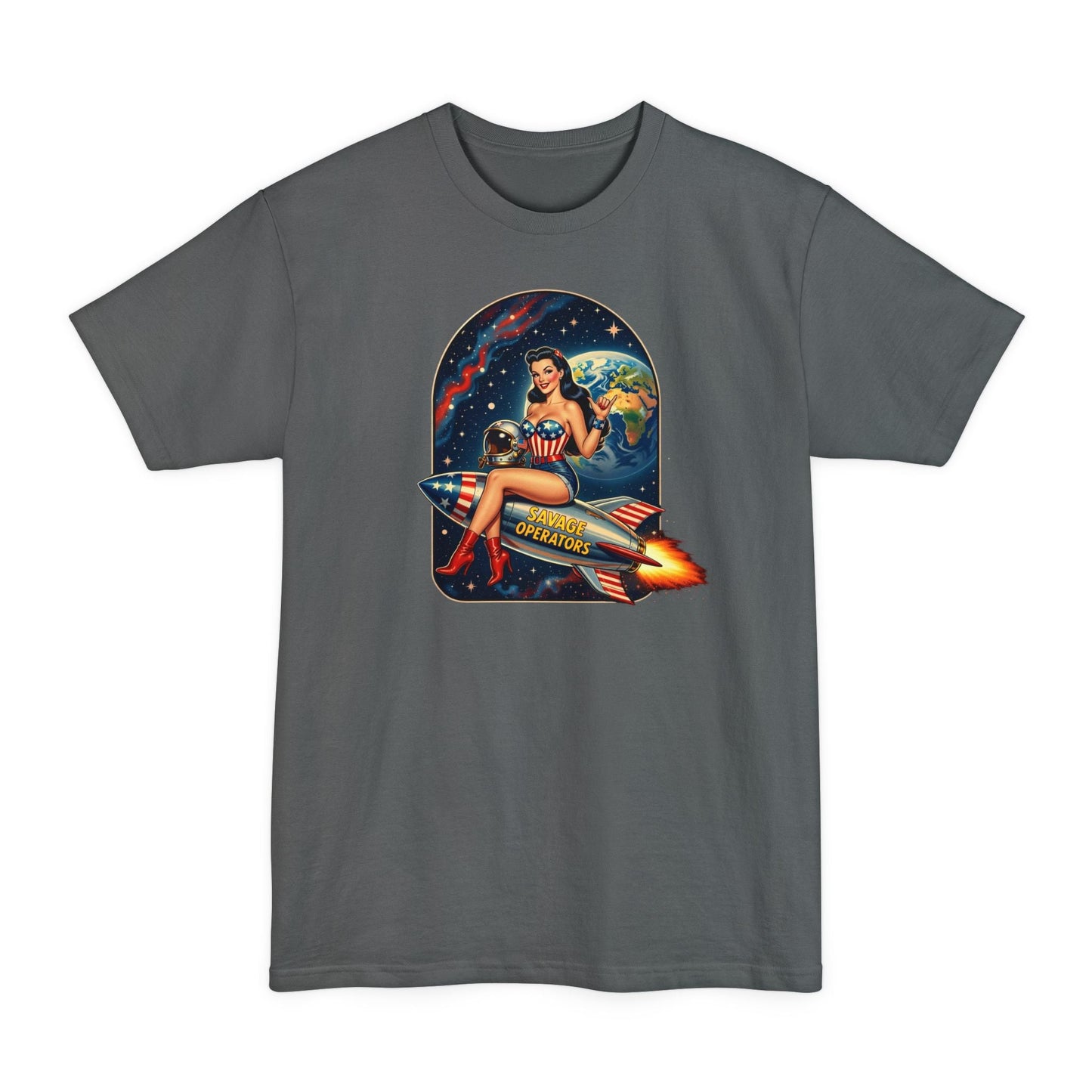 Retro Space Pin - Up T-Shirt – Rocket Girl Vintage Sci‑Fi Graphic - Savage Operators Tactical Tee | T-Shirt | Savage Operators Clothing | Patriotic Apparel | Military Humor | High Quality Black