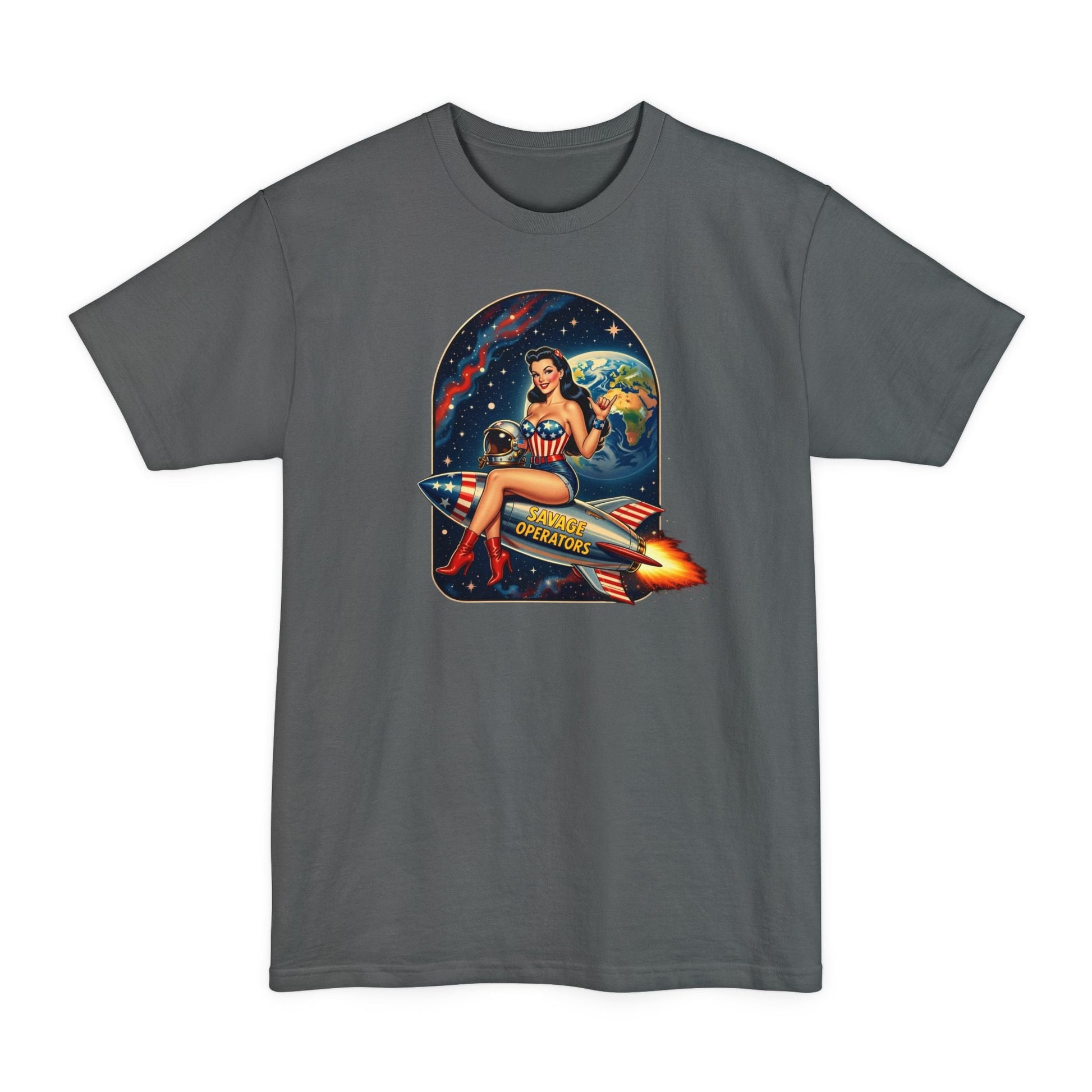 Retro Space Pin - Up T-Shirt – Rocket Girl Vintage Sci‑Fi Graphic - Savage Operators Tactical Tee | T-Shirt | Savage Operators Clothing | Patriotic Apparel | Military Humor | High Quality Black