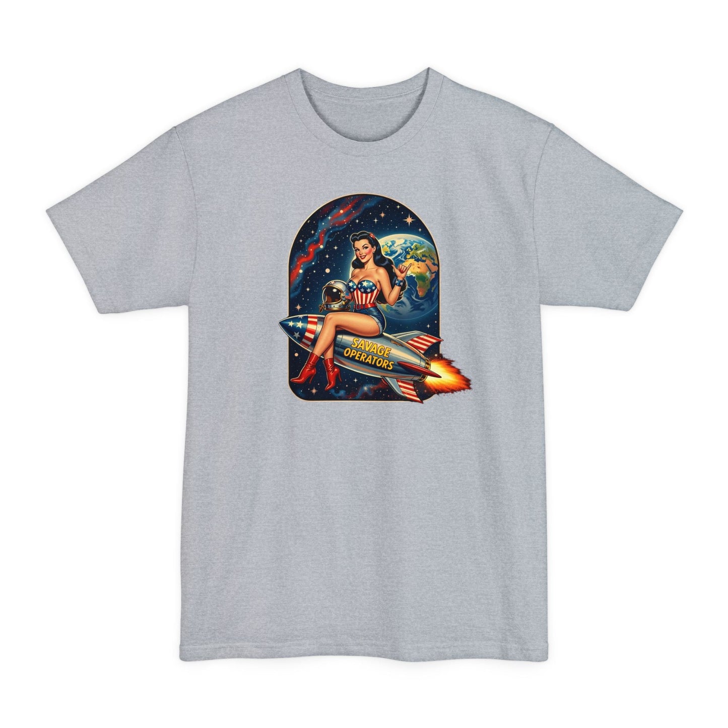 Retro Space Pin - Up T-Shirt – Rocket Girl Vintage Sci‑Fi Graphic - Savage Operators Tactical Tee | T-Shirt | Savage Operators Clothing | Patriotic Apparel | Military Humor | High Quality Light Steel