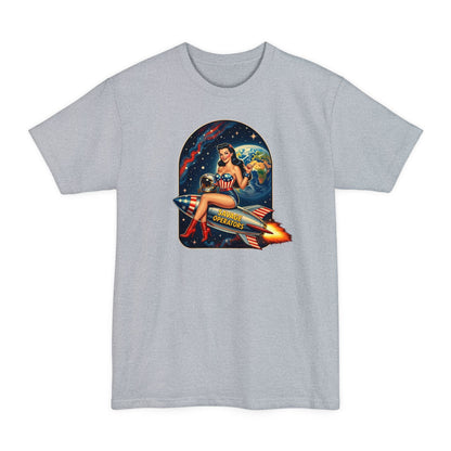 Retro Space Pin - Up T-Shirt – Rocket Girl Vintage Sci‑Fi Graphic - Savage Operators Tactical Tee | T-Shirt | Savage Operators Clothing | Patriotic Apparel | Military Humor | High Quality Light Steel