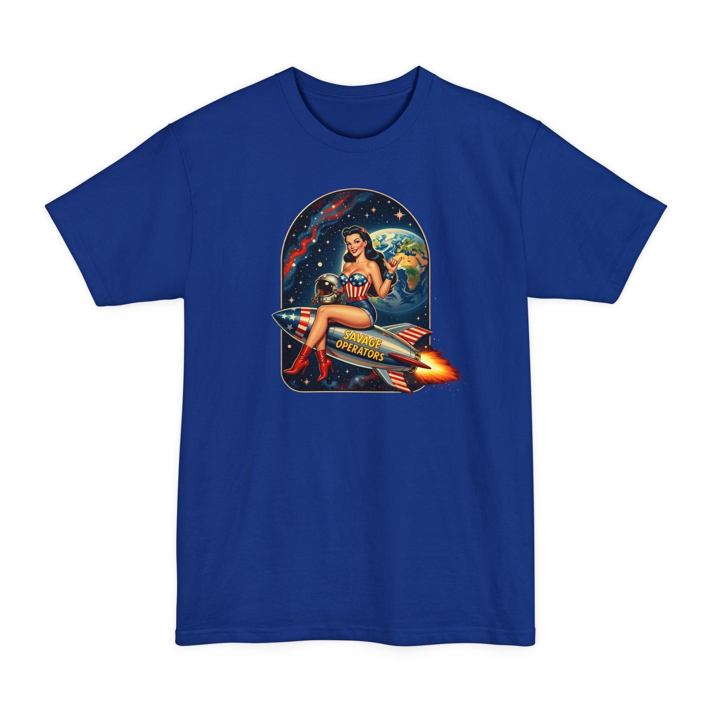 Retro Space Pin - Up T-Shirt – Rocket Girl Vintage Sci‑Fi Graphic - Savage Operators Tactical Tee | T-Shirt | Savage Operators Clothing | Patriotic Apparel | Military Humor | High Quality Deep Royal