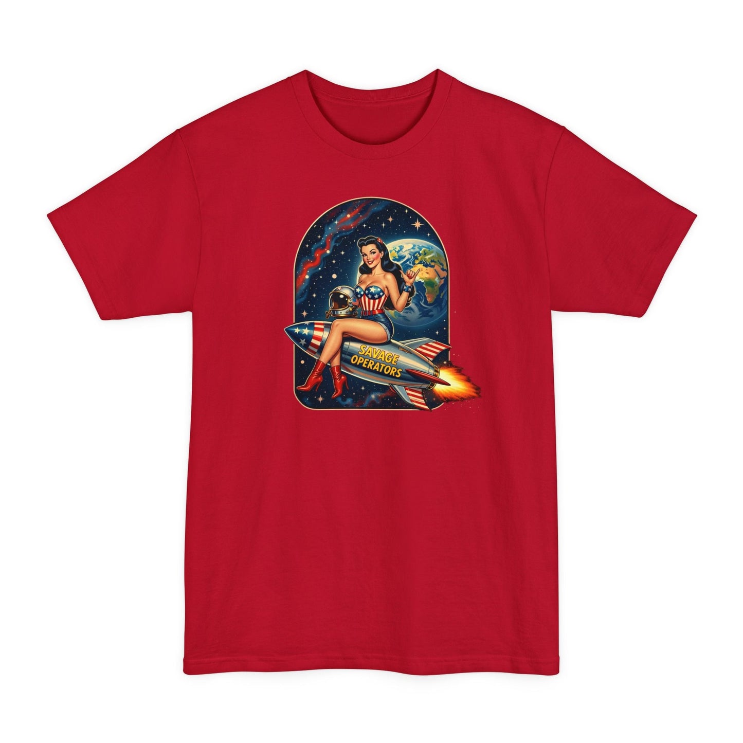 Retro Space Pin - Up T-Shirt – Rocket Girl Vintage Sci‑Fi Graphic - Savage Operators Tactical Tee | T-Shirt | Savage Operators Clothing | Patriotic Apparel | Military Humor | High Quality Deep Red