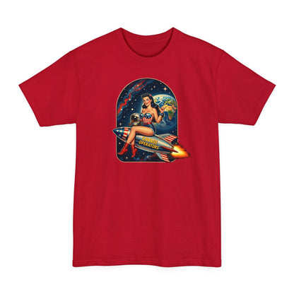Retro Space Pin - Up T-Shirt – Rocket Girl Vintage Sci‑Fi Graphic - Savage Operators Tactical Tee | T-Shirt | Savage Operators Clothing | Patriotic Apparel | Military Humor | High Quality Deep Red