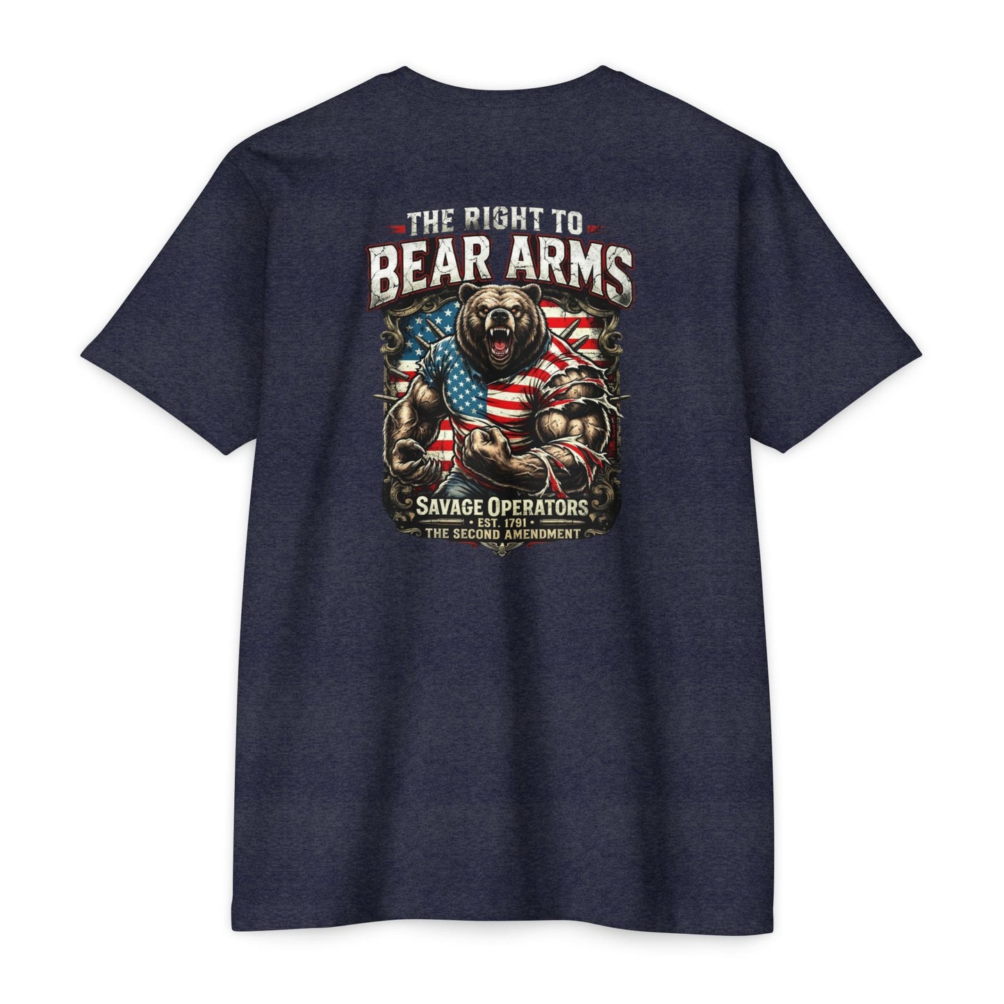 Right to Bear Arms Back Print Shirt – Patriotic Second Amendment Bear Tee - Savage Operators Tactical Tee | T-Shirt | Savage Operators Clothing | Patriotic Apparel | Military Humor | High Quality CVC Midnight Navy