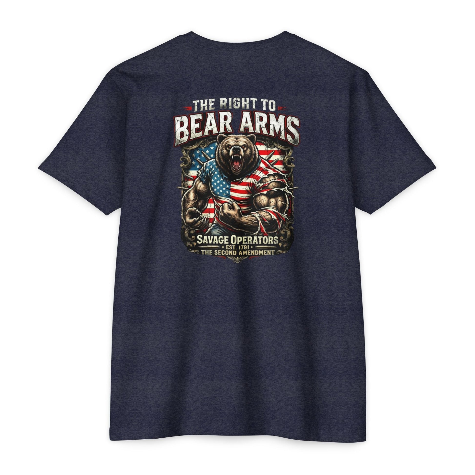 Right to Bear Arms Back Print Shirt – Patriotic Second Amendment Bear Tee - Savage Operators Tactical Tee | T-Shirt | Savage Operators Clothing | Patriotic Apparel | Military Humor | High Quality CVC Midnight Navy