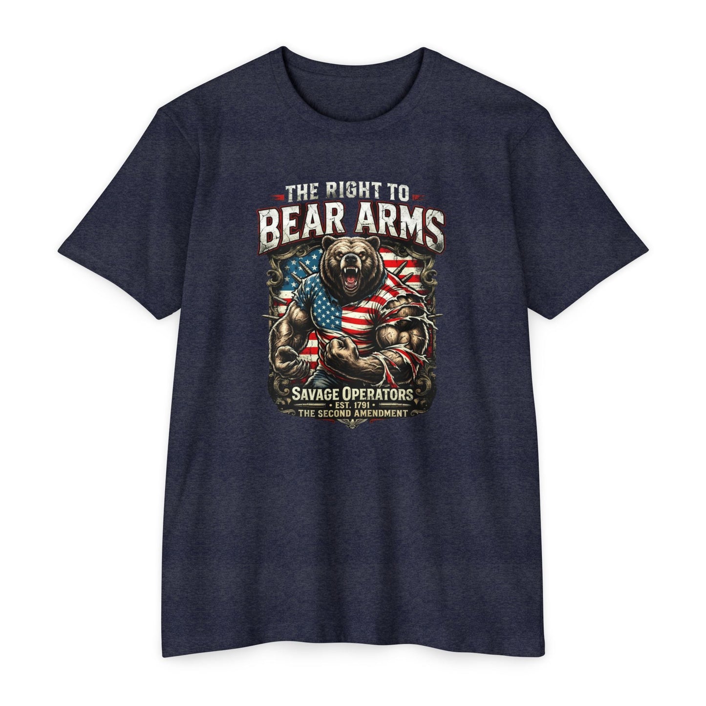 Right to Bear Arms Shirt – Patriotic Second Amendment Bear T-Shirt | Savage Operators - Savage Operators Tactical Tee | T-Shirt | Savage Operators Clothing | Patriotic Apparel | Military Humor | High Quality CVC Midnight Navy