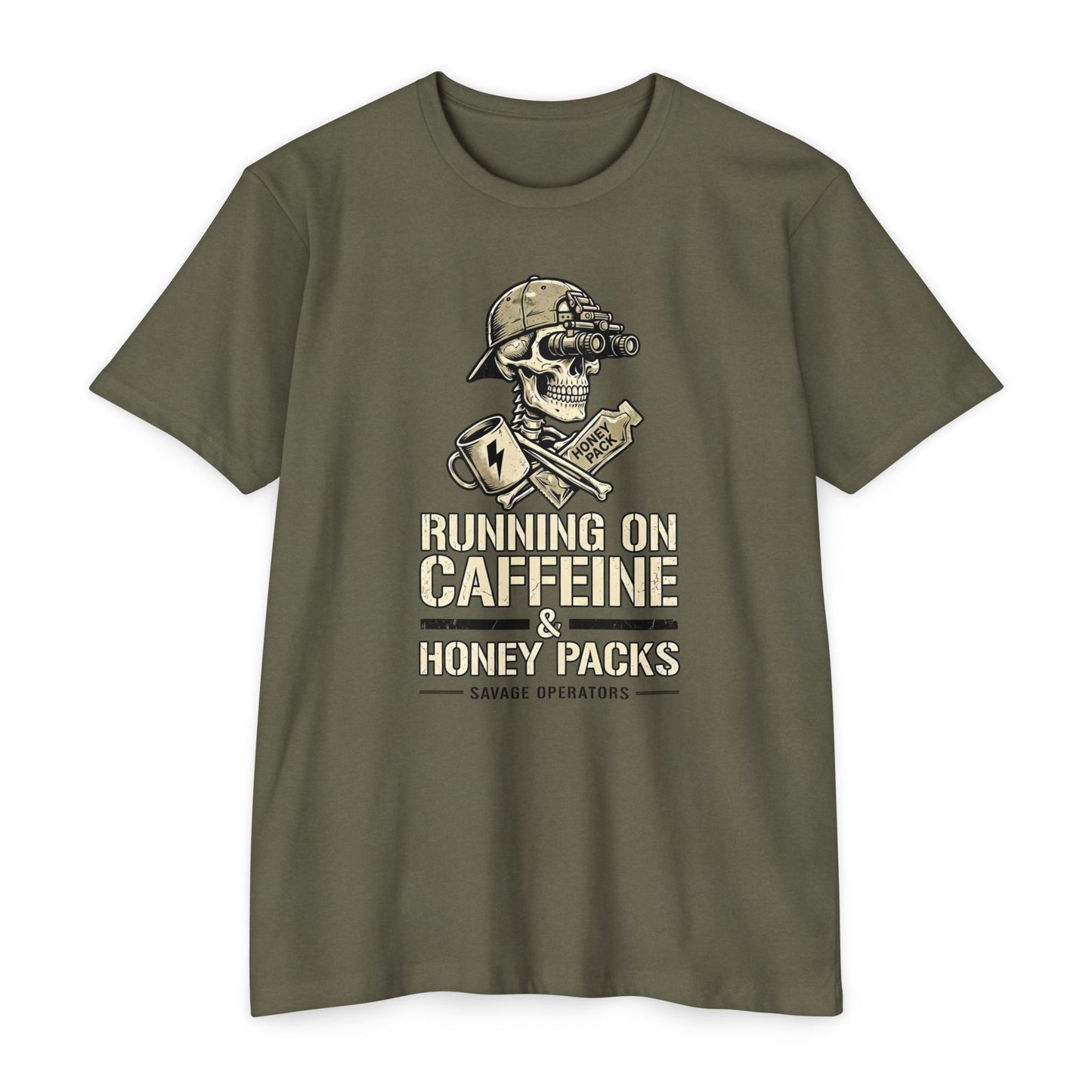 Running on Caffeine & Honey Packs T-Shirt — Military Humor Skull Graphic Tee Front Print - Savage Operators Tactical Tee | T-Shirt | Savage Operators Clothing | Patriotic Apparel | Military Humor | High Quality CVC Military Green