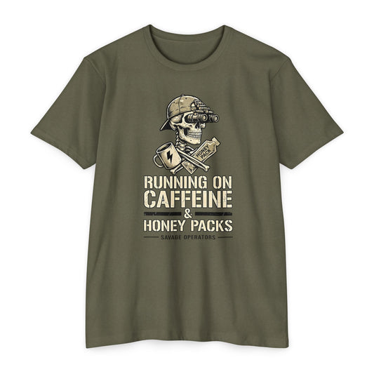 Running on Caffeine & Honey Packs T-Shirt — Military Humor Skull Graphic Tee Front Print - Savage Operators Tactical Tee | T-Shirt | Savage Operators Clothing | Patriotic Apparel | Military Humor | High Quality CVC Military Green