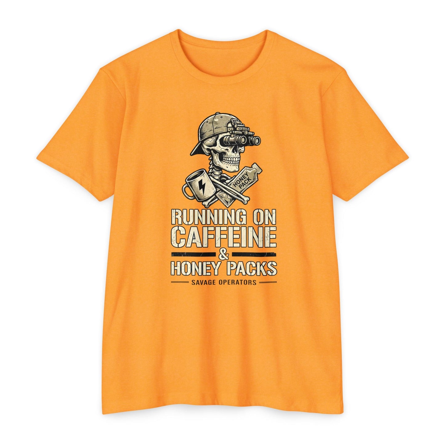Running on Caffeine & Honey Packs T-Shirt — Military Humor Skull Graphic Tee Front Print - Savage Operators Tactical Tee | T-Shirt | Savage Operators Clothing | Patriotic Apparel | Military Humor | High Quality CVC Orange