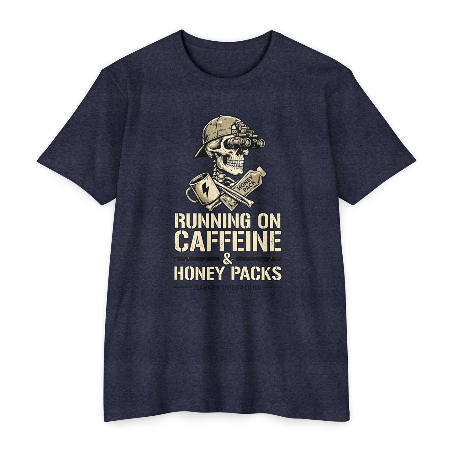 Running on Caffeine & Honey Packs T-Shirt — Military Humor Skull Graphic Tee Front Print - Savage Operators Tactical Tee | T-Shirt | Savage Operators Clothing | Patriotic Apparel | Military Humor | High Quality CVC Midnight Navy