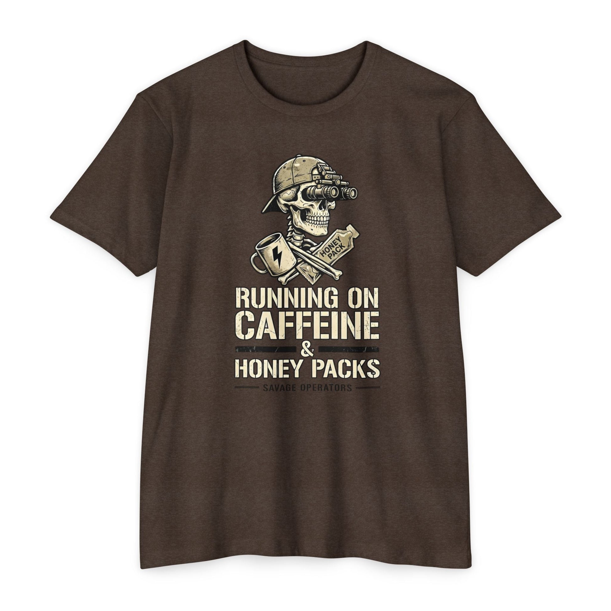 Running on Caffeine & Honey Packs T-Shirt — Military Humor Skull Graphic Tee Front Print - Savage Operators Tactical Tee | T-Shirt | Savage Operators Clothing | Patriotic Apparel | Military Humor | High Quality CVC Espresso