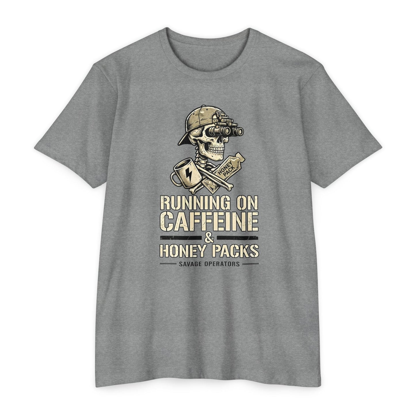 Running on Caffeine & Honey Packs T-Shirt — Military Humor Skull Graphic Tee Front Print - Savage Operators Tactical Tee | T-Shirt | Savage Operators Clothing | Patriotic Apparel | Military Humor | High Quality Dark Heather Grey
